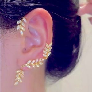Women Gold Crystal Leaf Ear Cuff Clip Wrap Jewelry Earring new